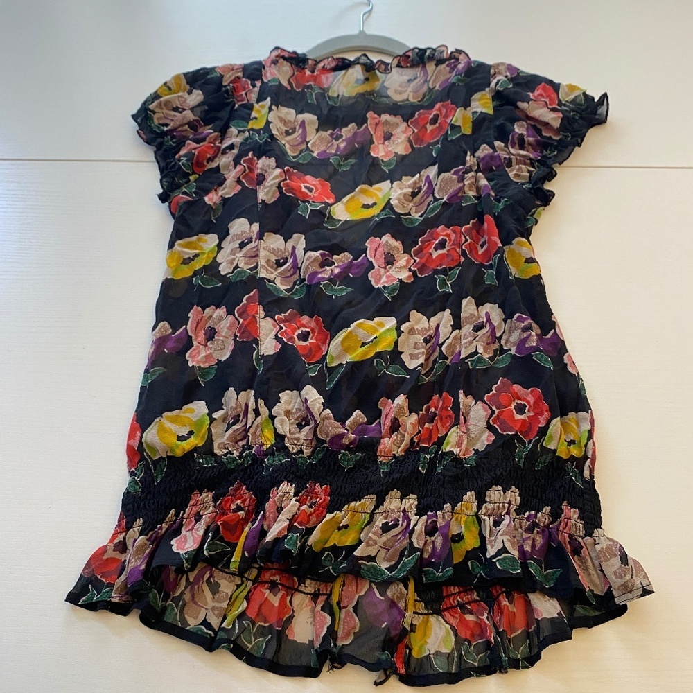 Ted Baker Silk Ruffled Blouse Black Floral Cap Sleeve Stretchy Boho Size 2